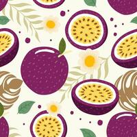 Seamless pattern passion fruit whole and slice on background. vector