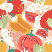 Seamless pattern vegetables, bell pepper, tomato, radish, cabbage on colour background. vector