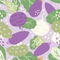 Seamless pattern vegetables, radish, corn, broccoli, eggplant,cabbage on colour background. vector