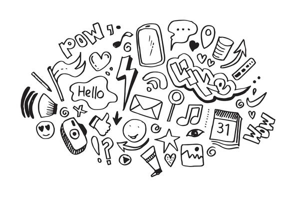 line art Doodle cartoon set of objects and symbols on the Social Media theme.
