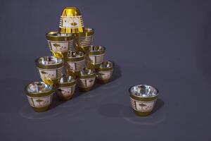 set of teacup. Against the grey background. Front view, copy space photo