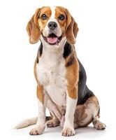 Beagle dog running and jumping, side view, white background, in the style of high definition photography, photo