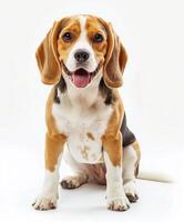 Beagle dog running and jumping, side view, white background, in the style of high definition photography, photo