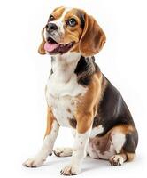 Beagle dog running and jumping, side view, white background, in the style of high definition photography, photo
