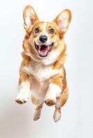 A Corgi dog jumping up with a happy expression against a white background photo