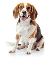 Beagle dog running and jumping, side view, white background, in the style of high definition photography, photo