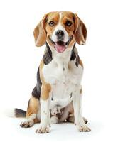 Beagle dog running and jumping, side view, white background, in the style of high definition photography, photo