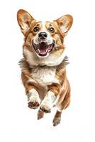 A Corgi dog jumping up with a happy expression against a white background photo