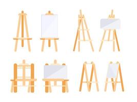Different wooden easels, some holding blank canvases, perfect for art studios and aspiring artists vector