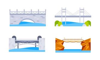 Types of bridge set. Architectural connecting structures. Constructions for transportation. vector