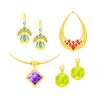Gold jewelry set with colorful gemstones is sparkling on white background, creating luxurious accessories concept vector