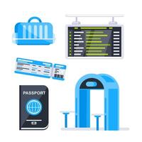 Airport terminal design elements. Traveling by plane. Travel concept. Tourist characters receive passport control. vector