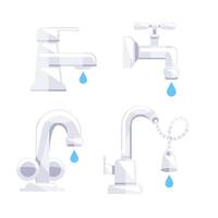 Four different illustrations of water taps leaking water drops, representing concepts like plumbing and water conservation vector