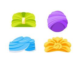 Four different turbans in various colors and styles, showcasing the diversity of this traditional headwear vector