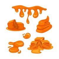 Liquid caramel cascades down a white backdrop, creating a sweet display. Rich toffee flows smoothly, forming a gooey treat vector