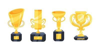 Set of gold trophy cups of different shapes with handles standing on pedestals with empty nameplates for winners vector