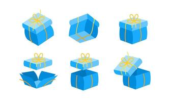 Collection of blue gift boxes with yellow ribbons, showcasing various stages of being opened and closed vector