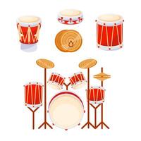 Red drum kit standing ready for a drummer to start playing music, percussion instruments isolated over white vector