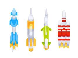 Featuring four different spacecraft models standing on launchpads and ready for take off vector