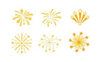 Set of stylized firework icons exploding with bright yellow sparks and stars on white background vector