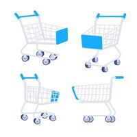 Four empty shopping carts with blue handles on a white background, perfect for retail therapy and online shopping projects vector