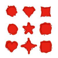 Collection of nine different red wax seal shapes including circle, square, star, heart and shield, isolated on white vector