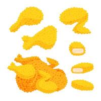 Fried chicken meat menu set made with small yellow dots, viewed from above on a white background vector
