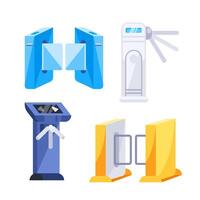 Collection of various turnstiles, controlling access to secure areas in office buildings, subway stations, and other restricted locations vector