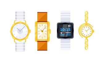 Set of four wristwatches showcasing a range of styles, from classic analog to modern smartwatch, highlighting the evolution of timekeeping vector