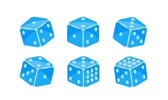 Six vibrant blue dice in motion, each showing different sides, evoke luck and chance in a casino setting. Symbolizing risk and excitement, they capture the thrill of games of probability vector