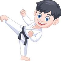 Boy cartoon character practicing karate kicking pose vector