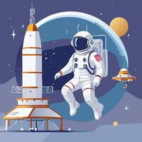 Astronaut in outer space with rocket shuttle. illustration in flat style. vector