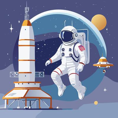 Astronaut in outer space with rocket shuttle. illustration in flat style.
