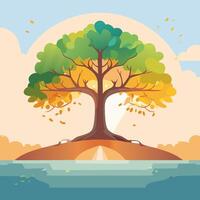 Flat design illustration of a big tree with roots in the lake. vector