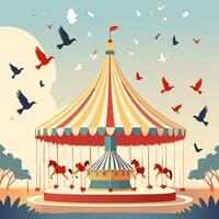Circus background with carousel and flying birds vector