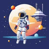 Astronaut in spacesuit and flying saucer illustration vector