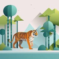 Tiger on the background of the forest illustration in flat style vector