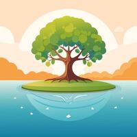 Tree on the island in the sea. illustration of a cartoon style. vector