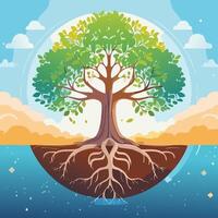 Tree with roots in the landscape. illustration of oak trees. vector