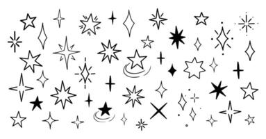 Big collection of stars and shining elements in doodle style. Hand drawn illustration of shine and sparkle. Isolated on white background vector