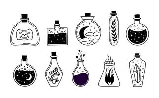 Set of Halloween in hand drawn style. Doodle cute illustration with traditional Halloween elements line potion. Isolated elements on white background. vector