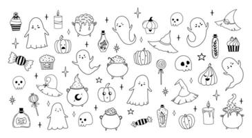 Big set of Halloween in hand drawn style. Doodle cute illustration with traditional Halloween elements. Isolated elements on white background. Ghosts, cupcake, flask, poison, cauldron, pumpkin. vector