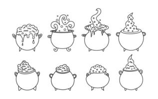 Big collection of magic cauldrons with bubbles in doodle style. Mystical hand drawn illustration. Line elements isolated on white background vector