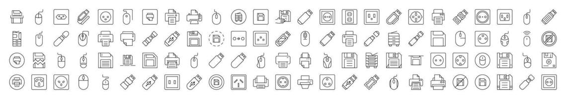 Gadgets Outline Simple Icons Bundle. Contains Icons of Icons of Outlet, Mouse, Memory Card, Printer that Can Be Used for Design of Cards, Posts, Apps, Web Sites vector
