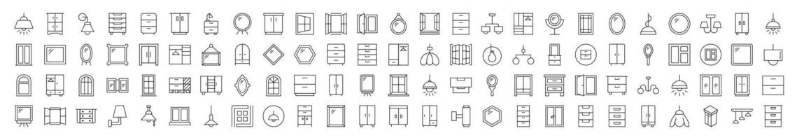 Window, Lamp, Mirror, Dresser, Chandelier Simple Isolated Line Icons Collection. Editable Stroke. Suitable for Web Sites, Books, Cards, Apps vector