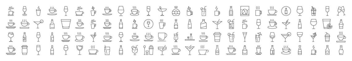 Coffee, Soft Drinks, Alcoholic Beverages Outline Web Line Icons Collection. Editable Stroke. Minimalistic Linear Pictogram for Design of Cards, Apps, Banners, Posts vector