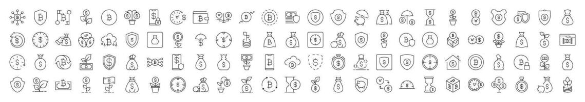 Simple Linear Illustration of Insurance and Money Savings. Contains Icons of Dollar, Shield, Bag, Wallet that Can Be Used for Design of Cards, Posts, Apps, Web Sites vector