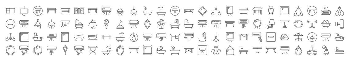 Simple Linear Illustration of Interior. Contains Icons of Conditioner, Mirror, Table, Lamp, Chandelier, Bathroom that Can Be Used for Design of Cards, Posts, Apps, Web Sites vector