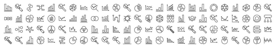 Magnifying Glass, Progress Bar, Pie Chart, Analytics Thin Icons Collection. Editable Stroke. Suitable for Web Sites, Books, Cards, Apps vector