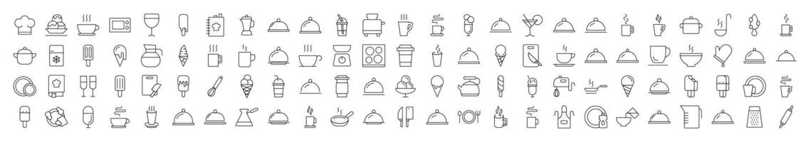 Pack of Food, Cooking and Kitchen Related Line Icons. Editable Stroke for Design, Web Sites, Apps, Cards. Contains Linear Images of Coffee, Tea, Ice Cream vector